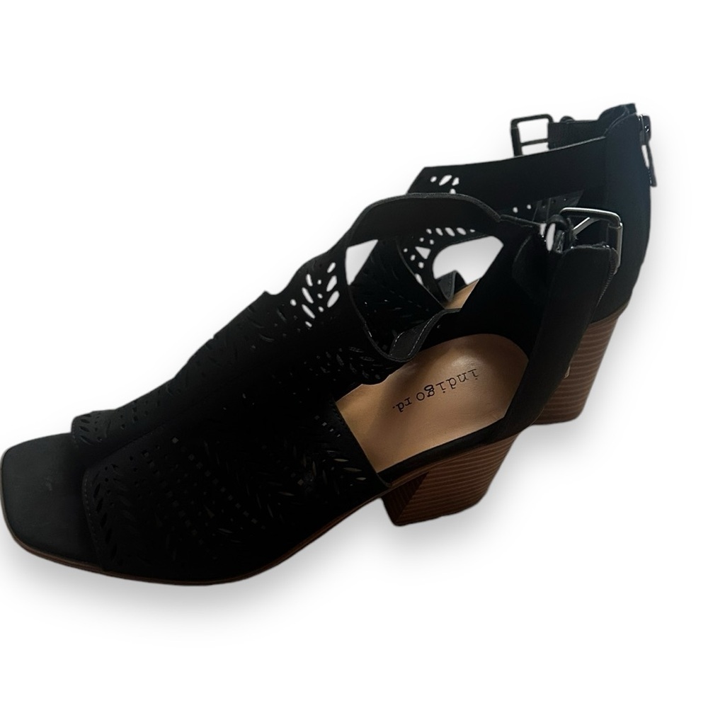 NWOT Indigo Black Laser Cut Peep Toe Block Heel Sandals Size 8.5 - Picture 4 of 8